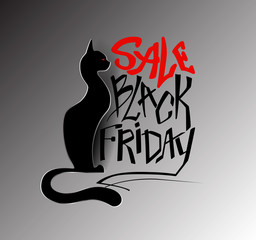 Inscription Black Friday, sale with a black cat in a paper style. Lettering. Vector