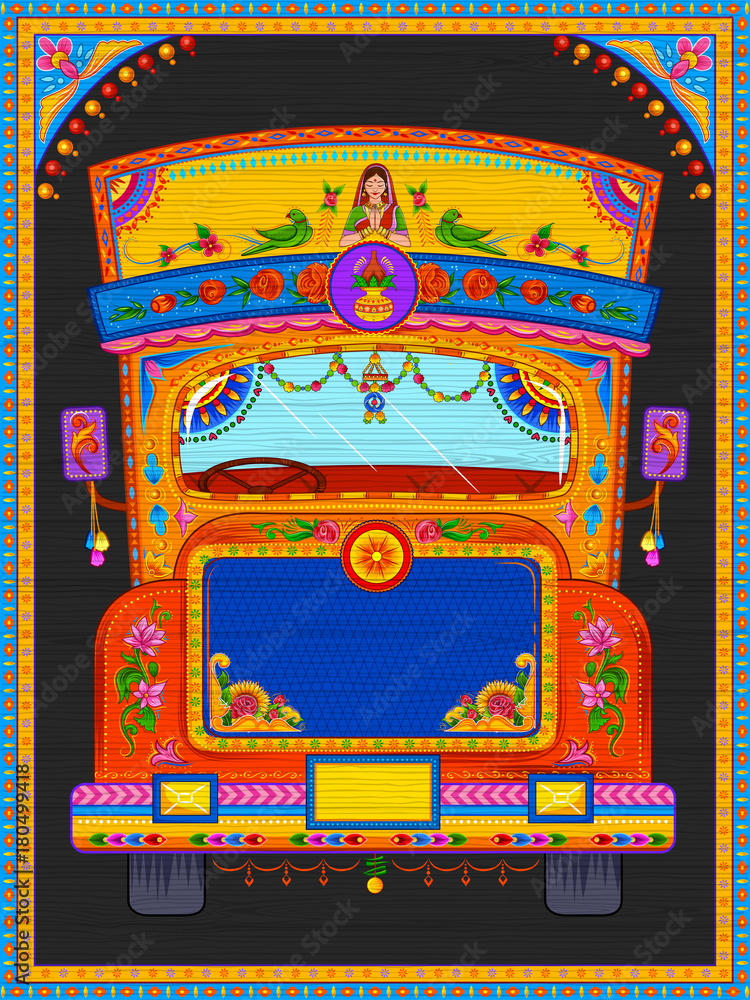 Sticker Colorful welcome banner in truck art kitsch style of India