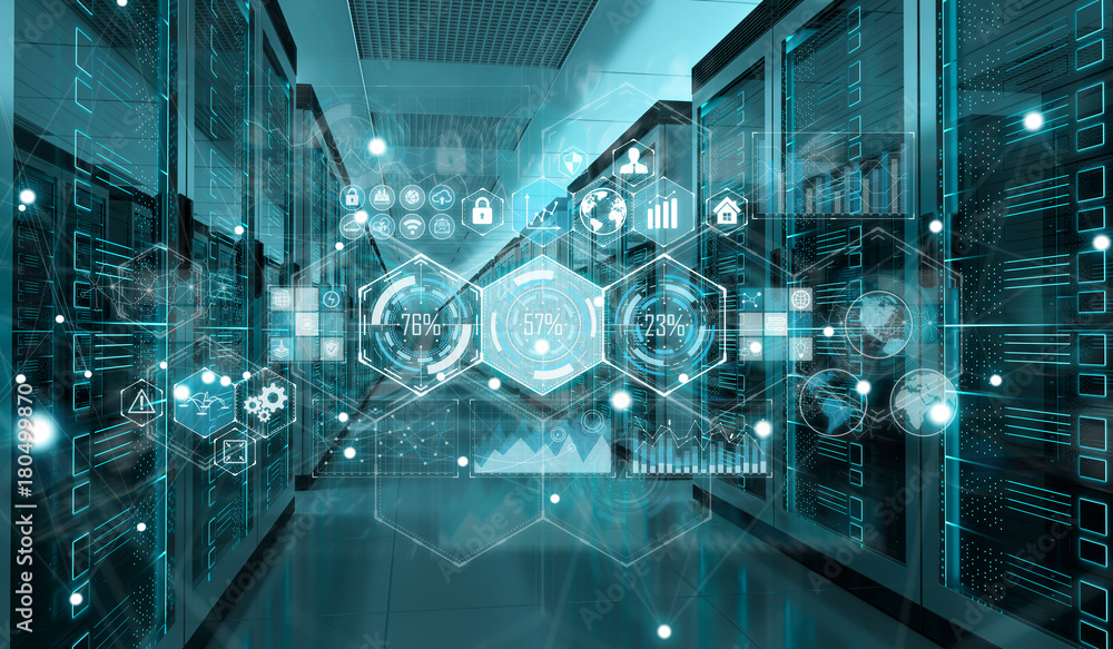 Poster Graph holograms flying over server room data center 3D rendering