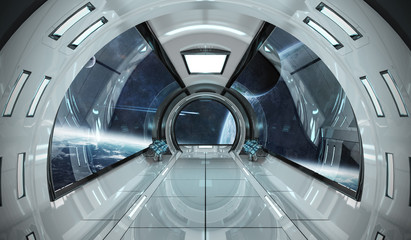 Fototapeta premium Spaceship interior with view on planets 3D rendering elements of this image furnished by NASA