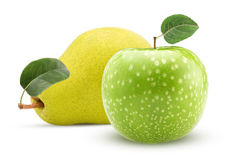 Yellow pear and green apple with leaf