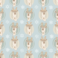 Vector seamless pattern with cute deer on light blue.