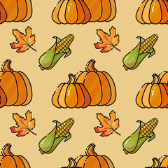 Seamless pattern with corn, pumkin and leaves. Vector background