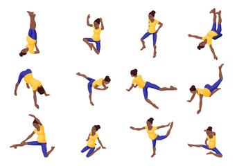 Fototapeta na wymiar Prenatal yoga big set with pregnant african woman doing physical fitness exercise, isometric 3d vector illustration with sport training, relaxation and meditation poses collection