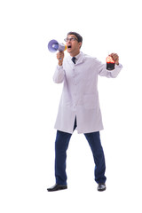 Doctor in blood donation concept isolated on white