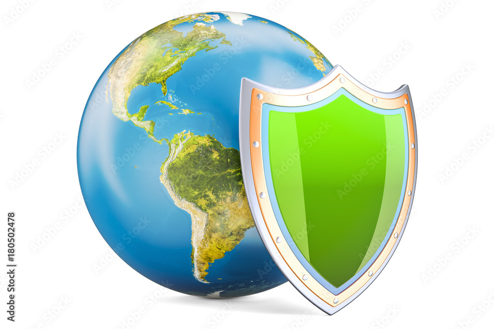 Poster earth globe with shield, protect and safety concept. 3d rendering isolated on white background