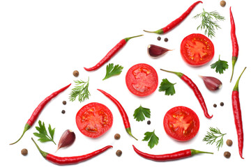 mix red hot chili peppers with parsley and sliced tomato isolated on white background top view