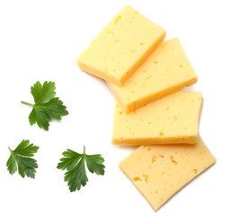 piece of cheese with parsley isolated on white background
