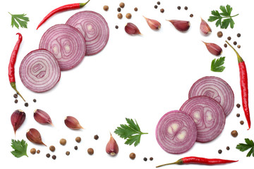 sliced red onion with parsley, garlic and spices isolated on white background top view