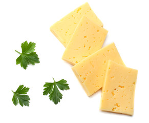 piece of cheese with parsley isolated on white background