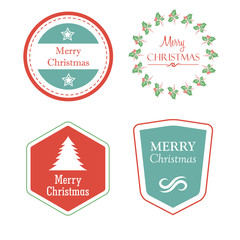 merry christmas in holiday labels with christmas tree, star, mistletoe, vector