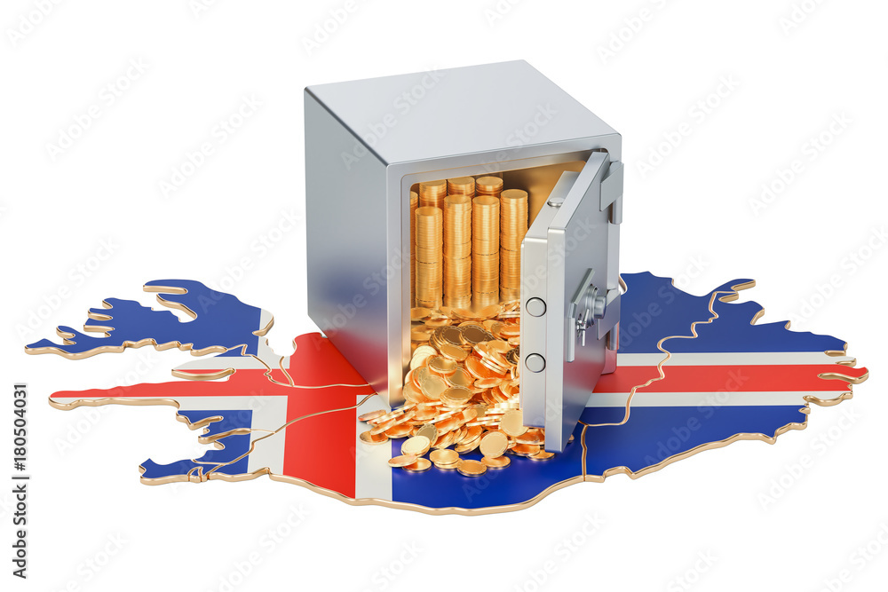 Poster safe box with golden coins on the map of iceland, 3d rendering