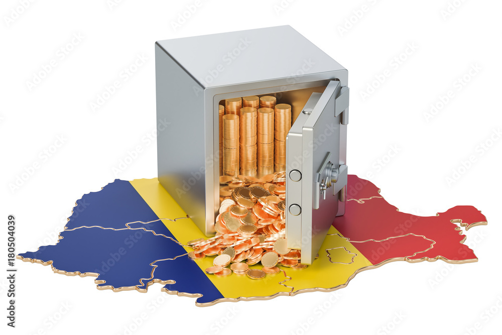 Poster safe box with golden coins on the map of romania, 3d rendering