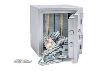 Safe box full dollar packs, 3D rendering © alexlmx