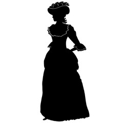 Romantic female silhouette in vintage style. Long antique dress, lace, hat, curly hair. For poster, print, design, covers, fabric, logo, advertising, interior decor, salon, decoupage, scrapbook, cards