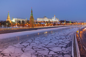 Moscow. Evening view of the Kremlin from the Great Stone Bridge in winter in the frost