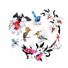 Obraz premium Watercolor hand drawn seamless pattern with beautiful flowers and colorful birds on white background.