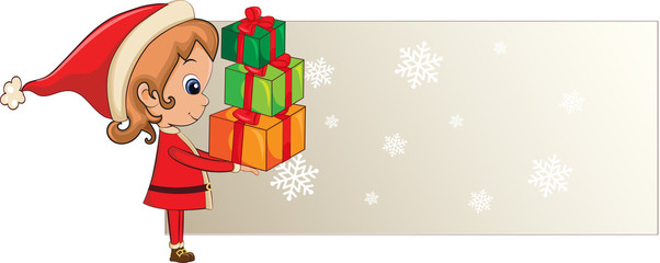 Little girl in Santa's costume holding presents