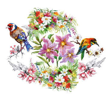 Watercolor hand drawn seamless pattern with beautiful flowers and colorful birds on white background.