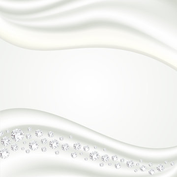 White smooth satin silk fabric waves with sparkling precious gems. Soaring white diamonds. Modern background