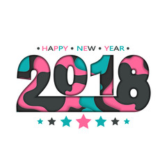 2018 Happy New Year greeting card with abstract paper cut shapes isolated on white. Vector illustration. Colorful 3D carving art, winter holiday poster design of paper cut multi color layers