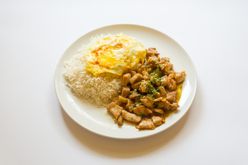 Thai food, Garlic Pork with steam rice and fried egg 