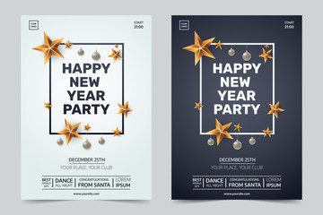 Happy new year party invitation. Black and white festive club posters with traditional decoration. Decorative frame with gold stars and Christmas balls. Xmas illustration.