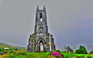 Hdr processing of Dunlewey or Dunlewy church in Co. Donegal. Dún Lúiche Landscape of Ireland.