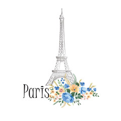 Fototapeta na wymiar Paris background. Floral Paris sign with flowers, Eiffel tower.