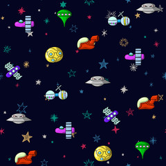 Seamless space pattern with rockets and stars. Childish styled illustration.