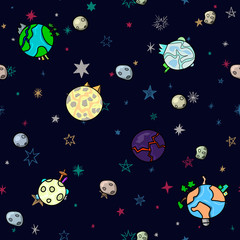 Seamless space pattern with planets and stars. Childish styled illustration.
