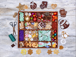 christmas decoration in a box on a wooden background