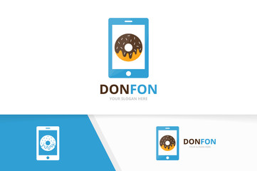 Vector donut and phone logo combination. Doughnut and mobile symbol or icon. Unique bakery and device logotype design template.