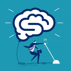 Switch On. Businessman switching on symbol of a brain. Business concept vector illustration.