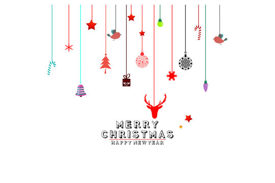 Various hanging Christmas ornaments such as Christmas bauble and Christmas tree on white background.