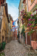Obraz premium Romantyczna ulica Rovinj. Idylliczna ulica ze starymi domami w miejscowości Rovinj, Istria, Chorwacja