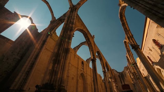 Ultra wide angle shot of the Convento do Carmo, Convent of Our Lady of Mount Carmel, in Lisbon, Portugal. The Gothic Igreja do Carmo bears the scars of the 1755 earthquake which destroyed the downtown