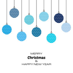 Merry Christmas and Happy New Year background with blue christmas balls. Vector background  for your greeting cards, invitations, festive posters. 
