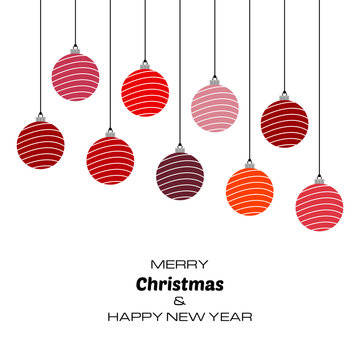 Merry Christmas and Happy New Year background with red christmas balls. Vector background  for your greeting cards, invitations, festive posters. 
