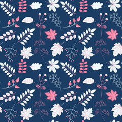 Vector seamless pattern with pink and light leaves and twigs on dark background for textile, clothing and paper design