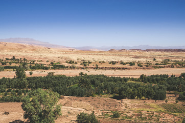 Desert landscape with Atlas Mountains near Kasbah Ait Ben Haddou, Morocco