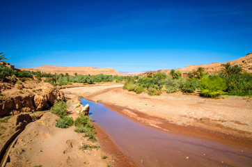 Desert landscape with Atlas Mountains near Kasbah Ait Ben Haddou, Morocco