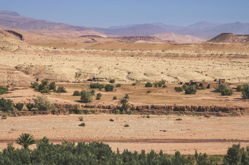 Desert landscape with Atlas Mountains near Kasbah Ait Ben Haddou, Morocco