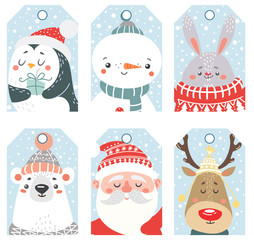 Set of Christmas and New Year labels with animals and Santa. Vector illustration.