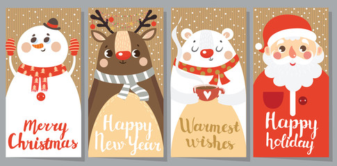 Set of Christmas and New Year greeting cards. Vintage. Vector illustration.