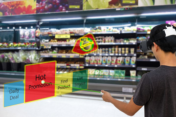 Smart retail with augmented and virtual reality technology concept, Customer use ar and vr glasses to search a daily deal,hot promotion, find product, contact service center in the retail