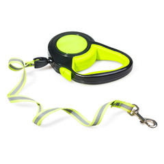 Green/Black retractable leash for dog isolated on white background