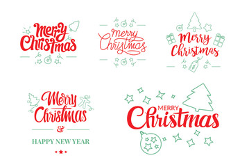 Fototapeta na wymiar Decorative Christmas handwriting illustration with flat icons red and green. Typography set. Vector logo, text design. Usable for banners, greeting cards, gifts etc.