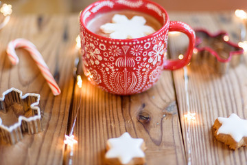 Cozy cup of hot cocoa with snowflake shaped marshmallow