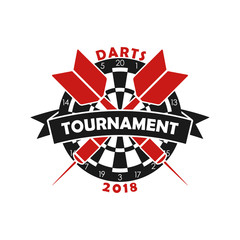 Fototapeta premium Darts tournament logo. Template for sport championship emblem with dart, dartboard and ribbon. Vector illustration.